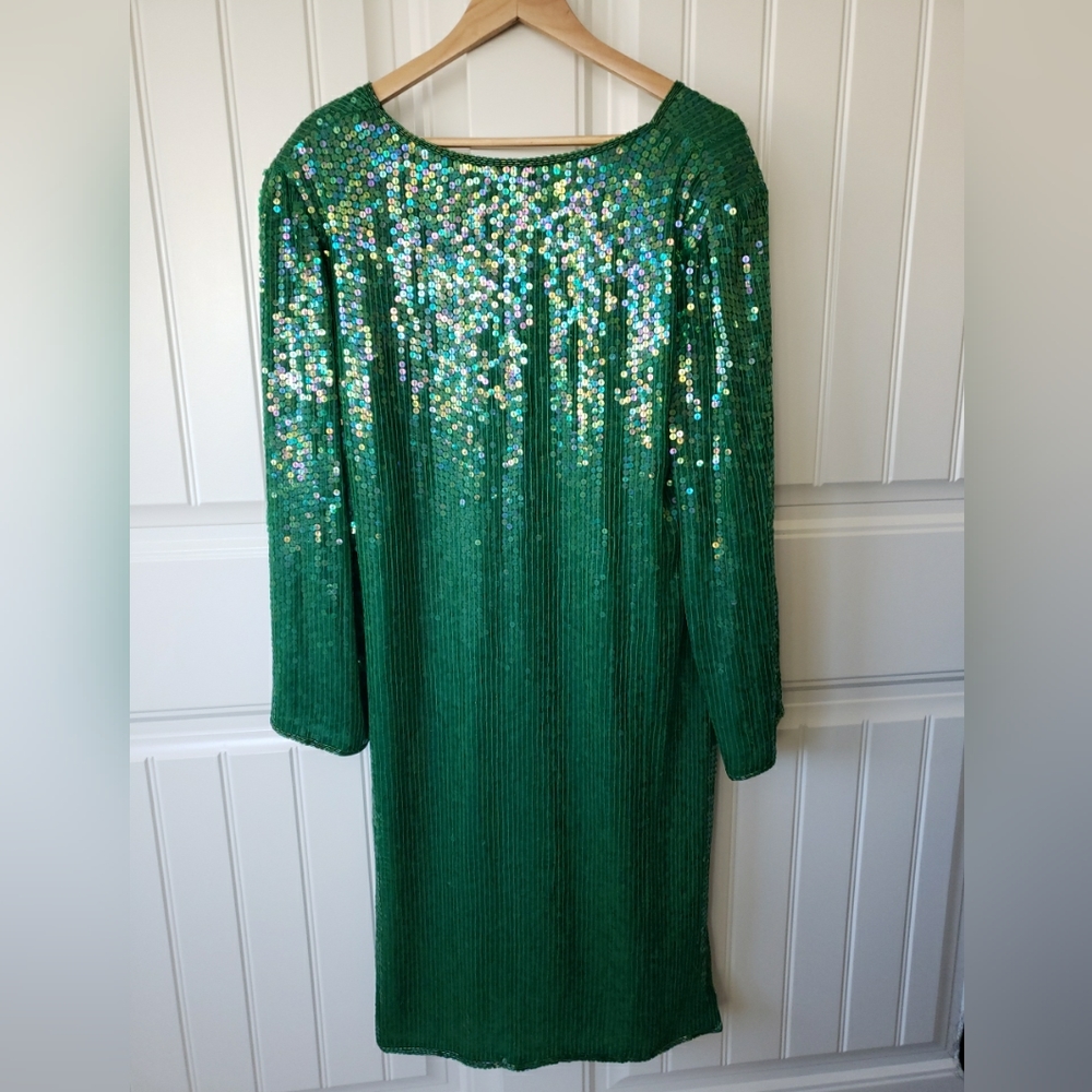 Vintage Megere Silk Green Sequins Dress Size PL Christmas New Years Long Sleeve - Picture 3 of 3